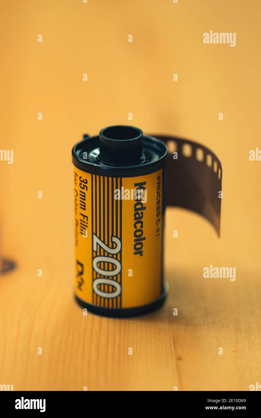 Izmir, Turkey - November 23, 2020: Close up shot of a Kodak Kodacolor 200 asa 35mm camera film on a wooden background Stock Photo