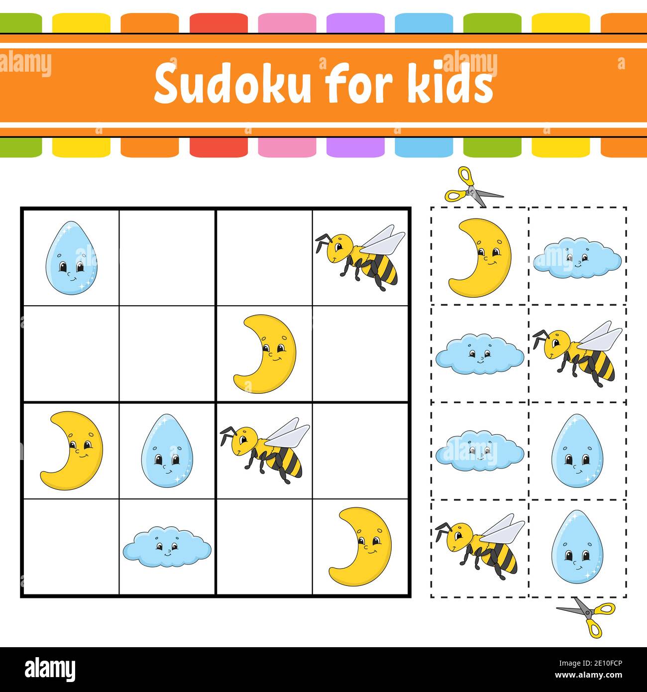 Sudoku for kids. Education developing worksheet. Activity page with pictures. Puzzle game for children. Logical thinking training. Isolated vector ill Stock Vector