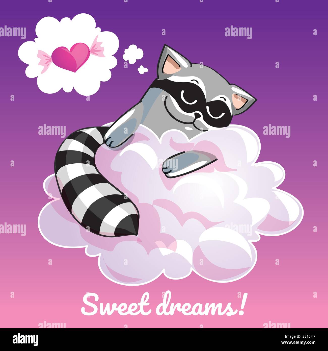 Greeting card with a cartoon raccoon on the cloud Stock Vector
