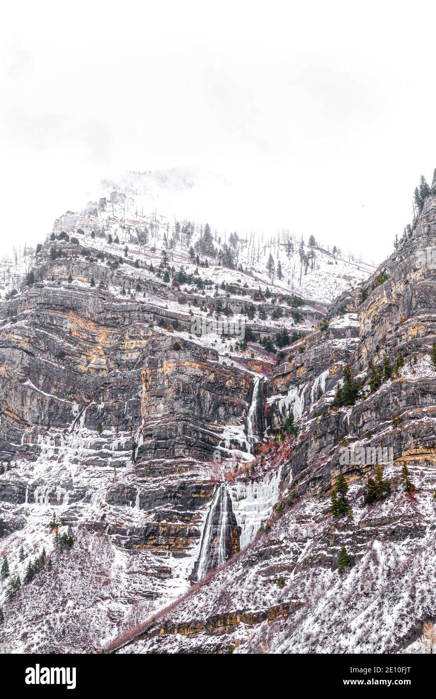 Frozen Bridal Veil Falls in Provo Canyon on a beautiful snowy setting
