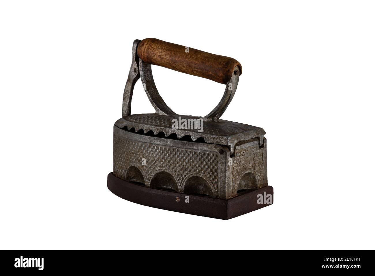 old vintage antique iron with wooden handle isolated on white