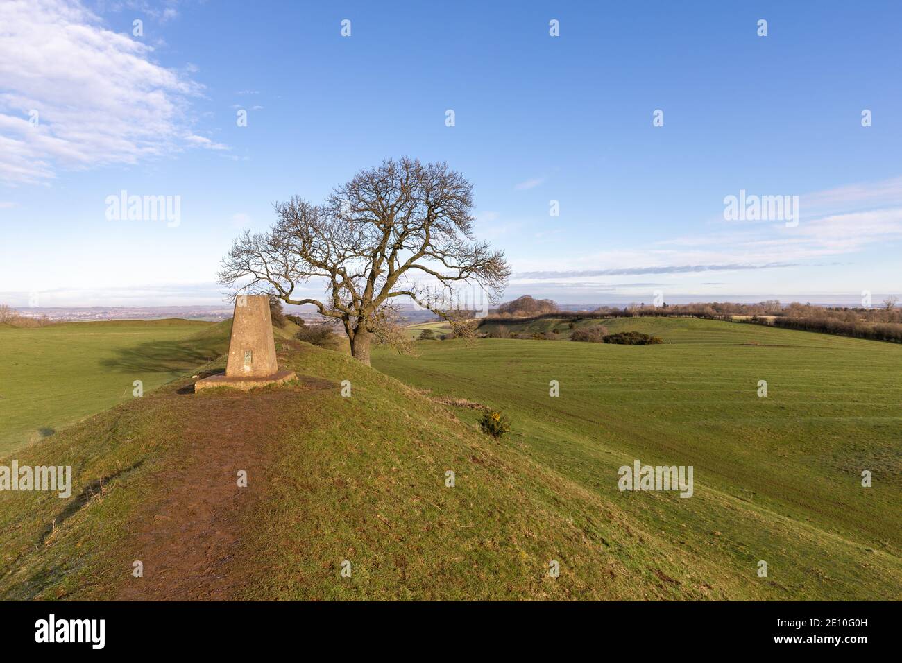 Trig point Burrough Hill (TP1794), at the Iron Age hillfort of Burrough Hill, Burrough on the Hill, Leicestershire, England, United Kingdom Stock Photo