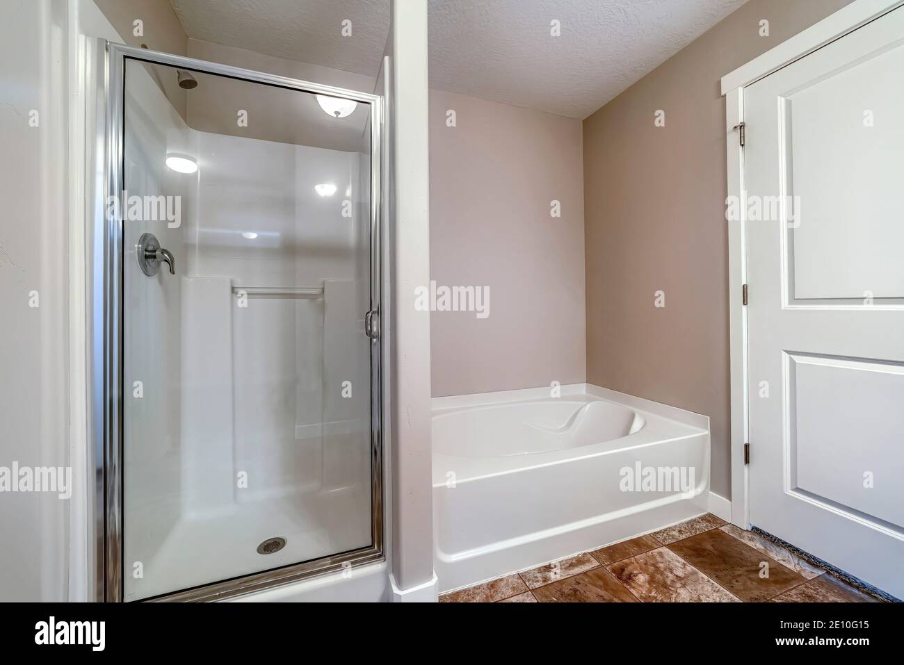 Shower stall and bathtub inside a clean bathroom with brown tiles on