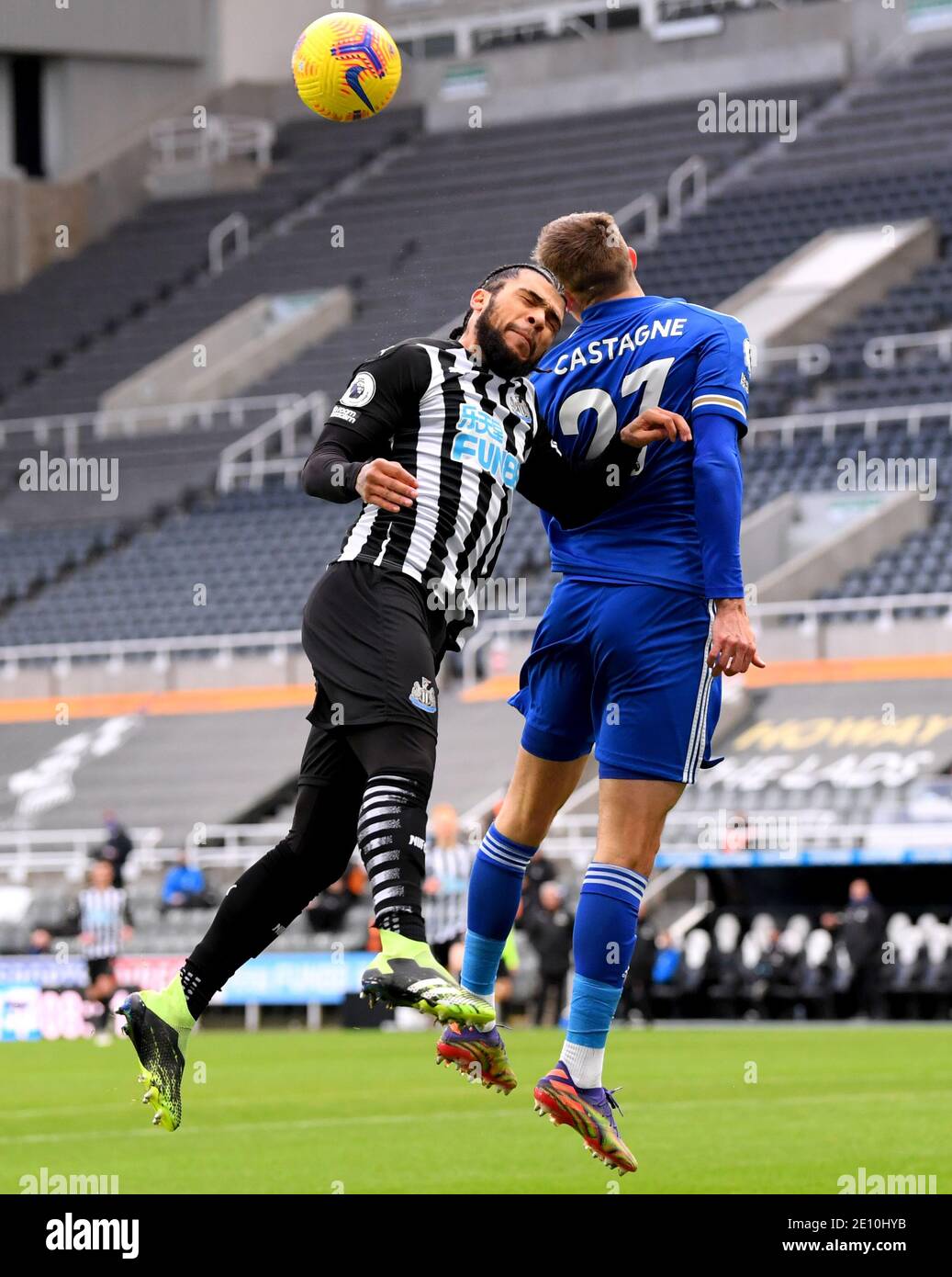 Newcastle United's DeAndre Yedlin (left) and Leicester City's Timothy Castagne battle for the ball during the Premier League match at St James' Park, Newcastle. Stock Photo