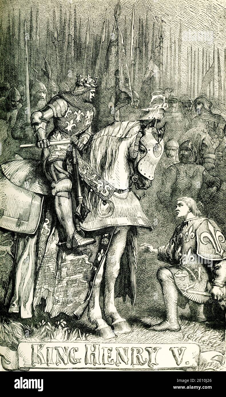 King Henry V Act IV Scene 7.  This scene complements William Shakespeare's tragedy titled King Henry V It illustrates a scene in Act IV Scene 7 and shows the king and a man on his knees before him.  The illustration is by Sir John Gilbert (1817-1897), renowned for his prolific illustration of Shakespeare's works. Shakespeare was born in 1564 and died in1616. The book dates to 1887. Stock Photo