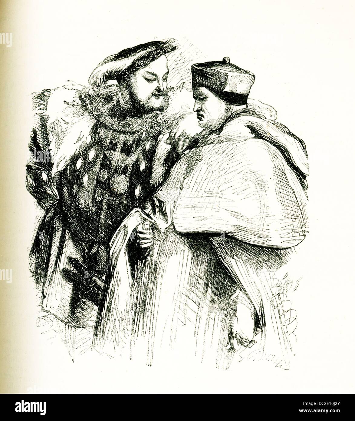 This scene complements William Shakespeare's tragedy titled Henry VIII. It illustrates lines in Act I Scene II.  Shown here are Henry VIII and Cardinal Wolsey. The illustration is by Sir John Gilbert (1817-1897), renowned for his prolific illustration of Shakespeare's works. Shakespeare was born in 1564 and died in1616. The book dates to 1887. Stock Photo