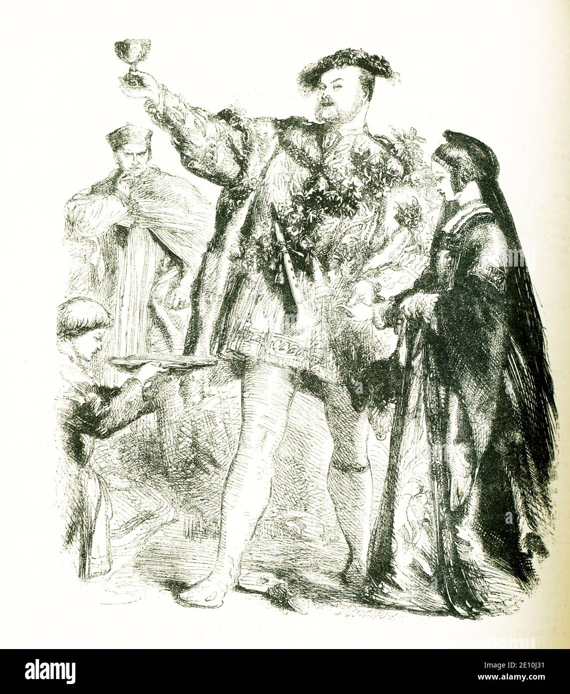 This scene complements William Shakespeare's tragedy titled Henry VIII. It illustrates lines in Act I Scene IV.  Shown here are Henry VIII, Anne Boleyn, and Cardinal Wolsey. The illustration is by Sir John Gilbert (1817-1897), renowned for his prolific illustration of Shakespeare's works. Shakespeare was born in 1564 and died in1616. The book dates to 1887. Stock Photo