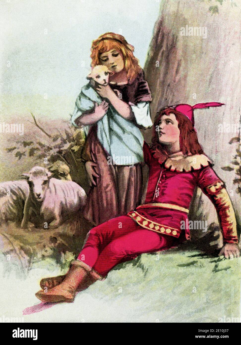 Prince Florizel and Perdita - A Winter’s Tale by Shakespeare. Florizel is the son of Polixenes – King of Bohemia. He falls in love with Perdita, and wishes to marry her. The jealous King Leontes falsely accuse his wife Hermione of infidelity with his best friend, and she dies. Leontes exiles his newborn daughter Perdita, who is raised by shepherds for sixteen years and falls in love with Florizel, the son of Leontes' friend. When Perdita returns home, a statue of Hermione 'comes to life', and everyone is reconciled. William Shakespeare (1564-1616) was an English playwright, poet, and actor, wi Stock Photo