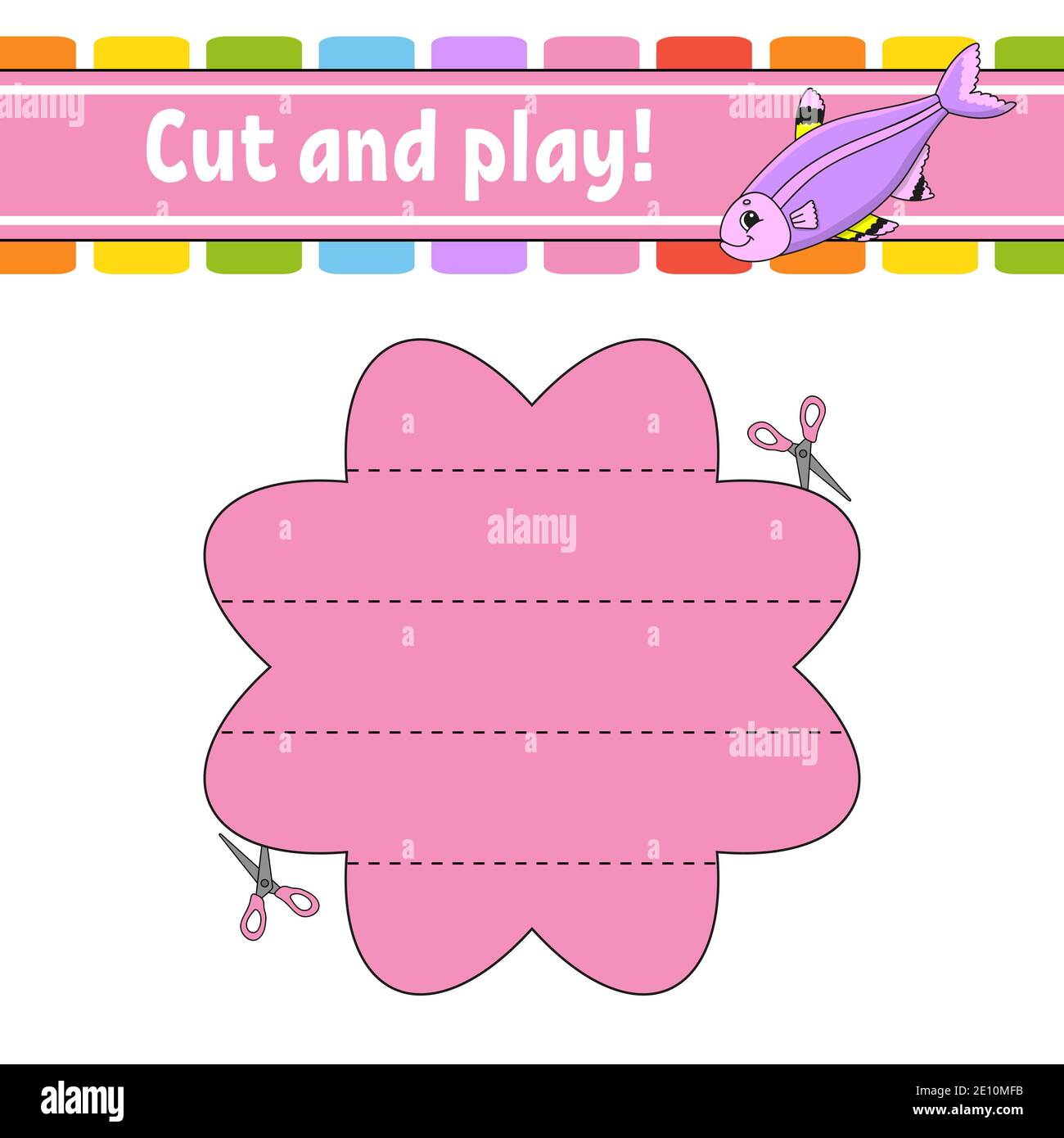 Cut and play. Logic puzzle for kids. Education developing worksheet. Learning game. Activity page. Cutting practice for preschool. Simple flat isolate Stock Vector
