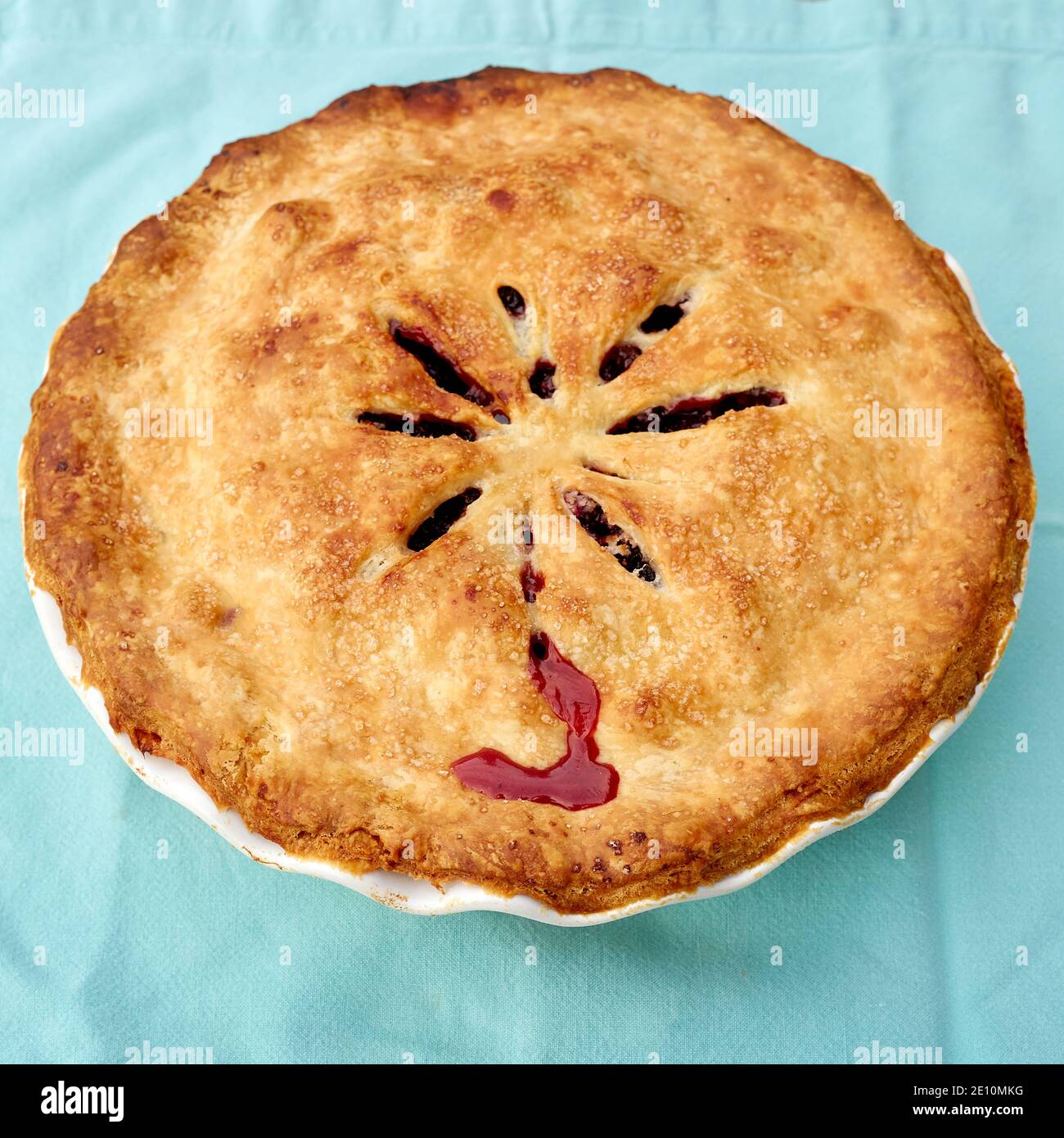 Freshly Baked Berry Pie with Top Crust, Top View Stock Photo