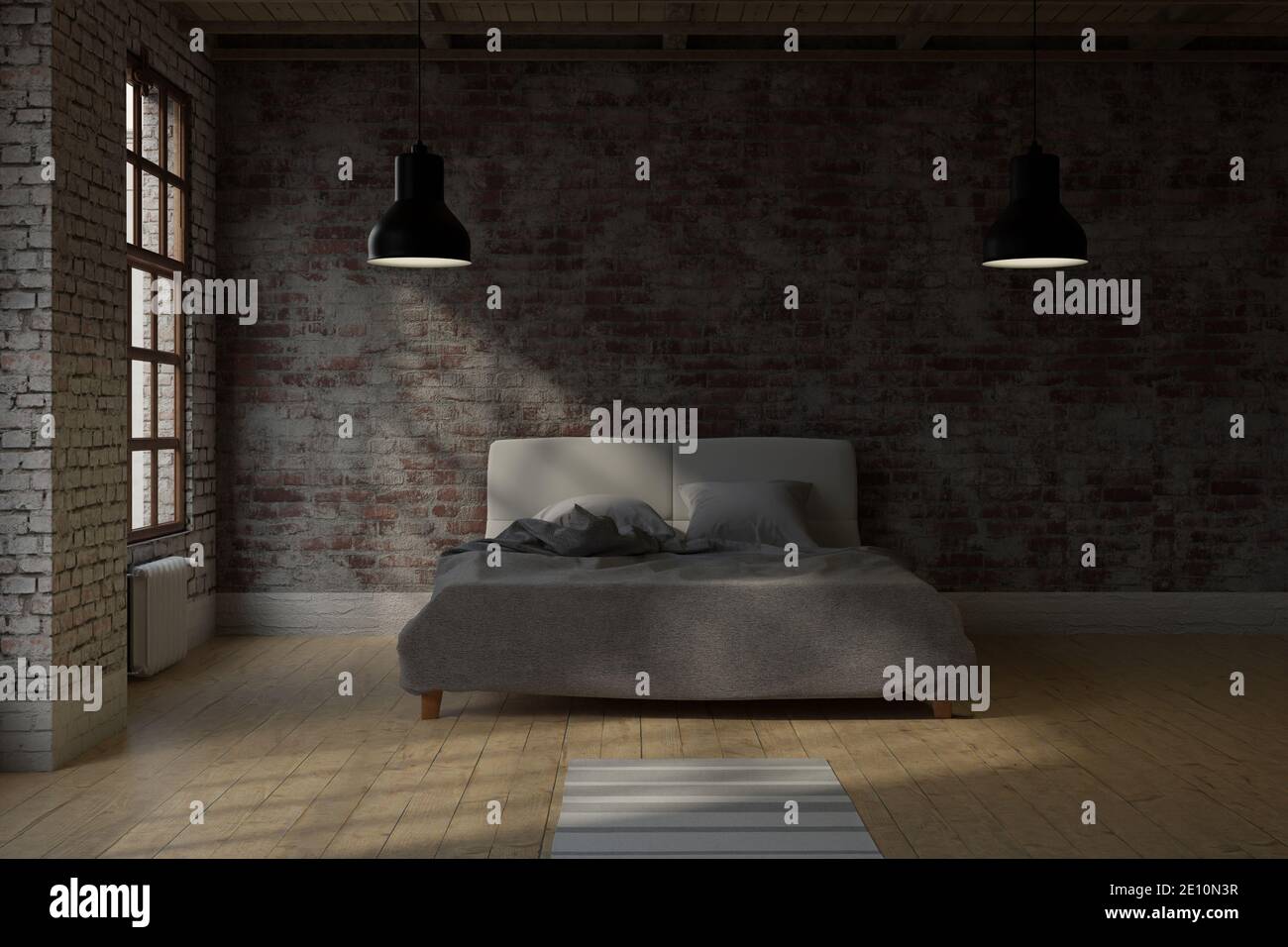 3d rendering of vintage studio loft with bed and industrial lights Stock Photo