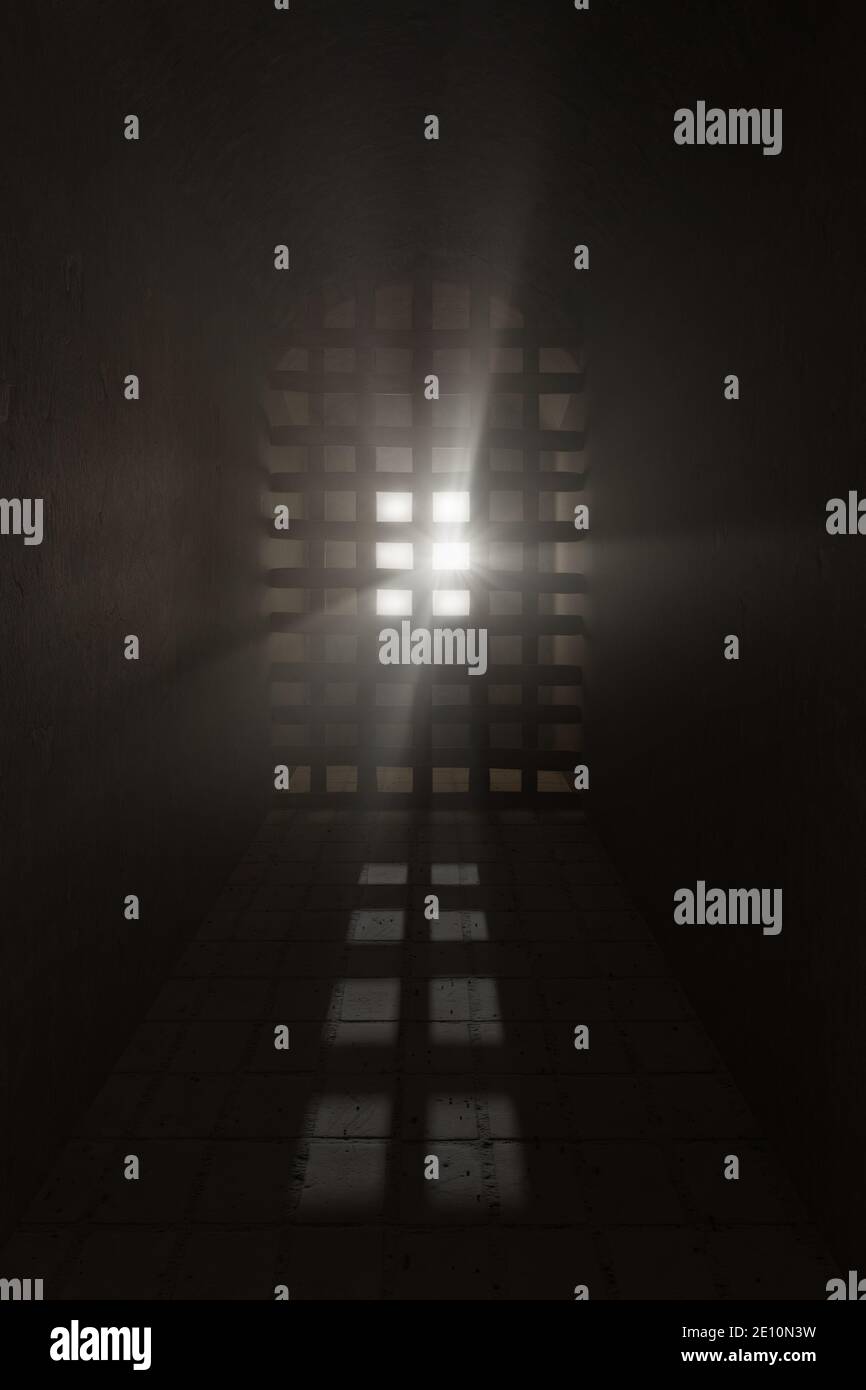 3d rendering of grunge ancient prison cell illuminated from light rays Stock Photo