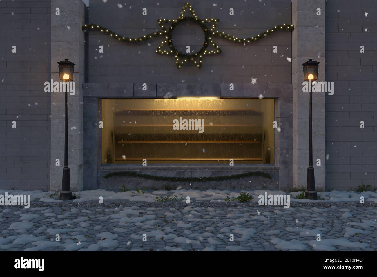 3d rendering of yellow illuminated empty showcase decorated with christmas lighting Stock Photo