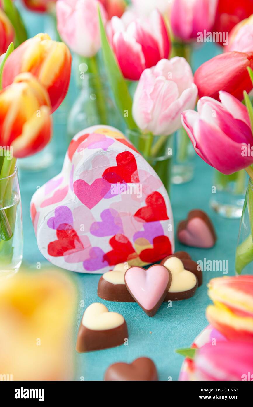 Chocolates And Tulips Stock Photo