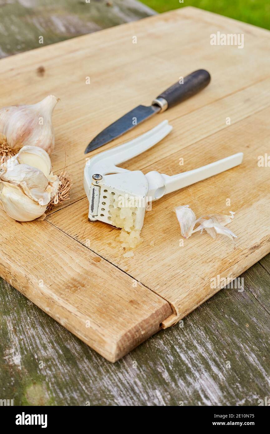 Garlic Bulbs, Knife, and Press on Cutting Board with Freshly Pressed