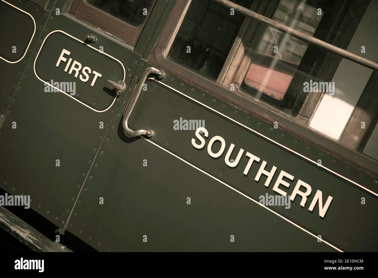 Detail of restored Southern Railway carriage, Tenterden Station on the Kent and East Sussex Steam Railway, Kent, England, Stock Photo