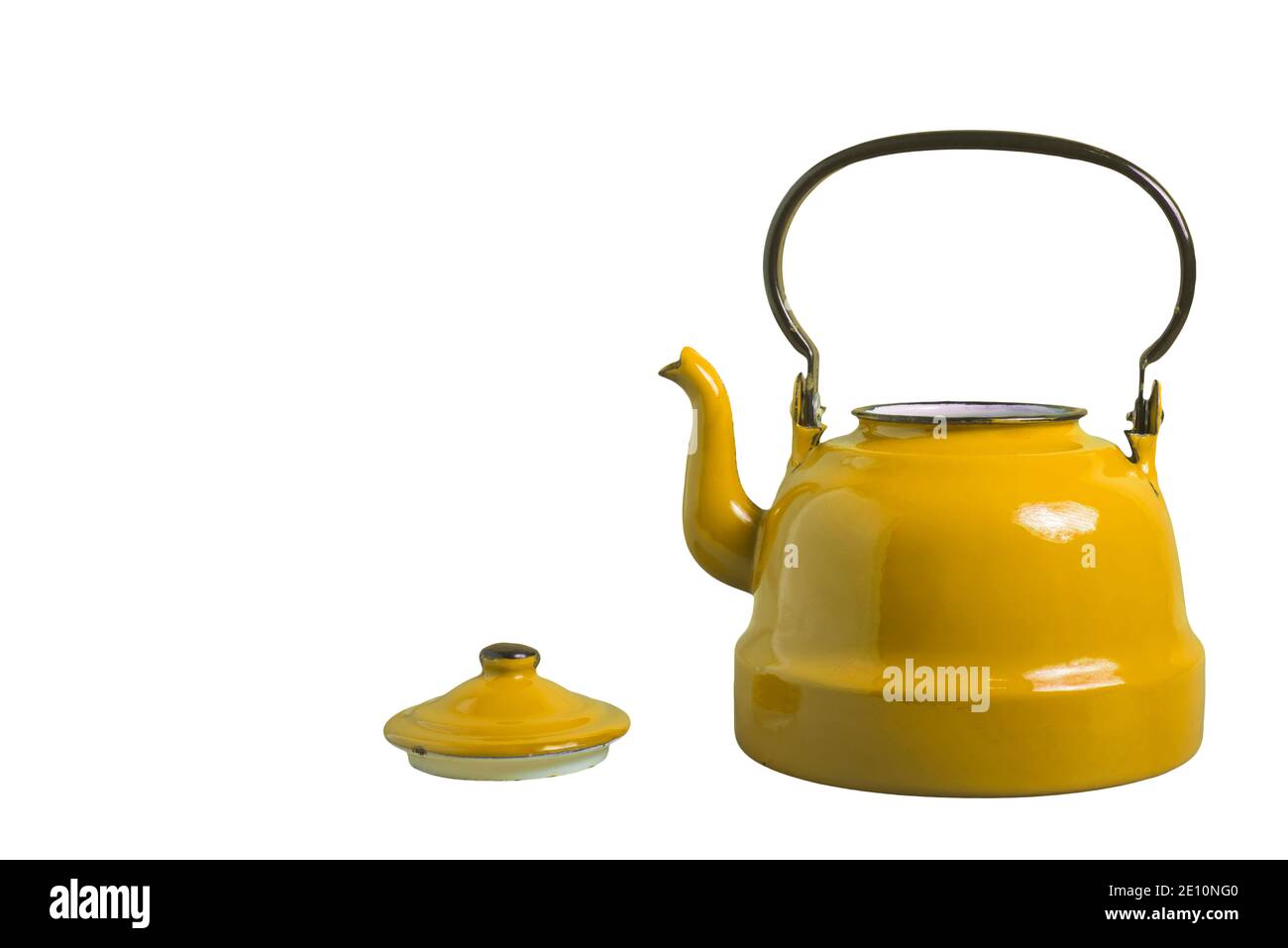 Old yellow porcelain teapot with the lid removed, isolated on white background with blank Stock