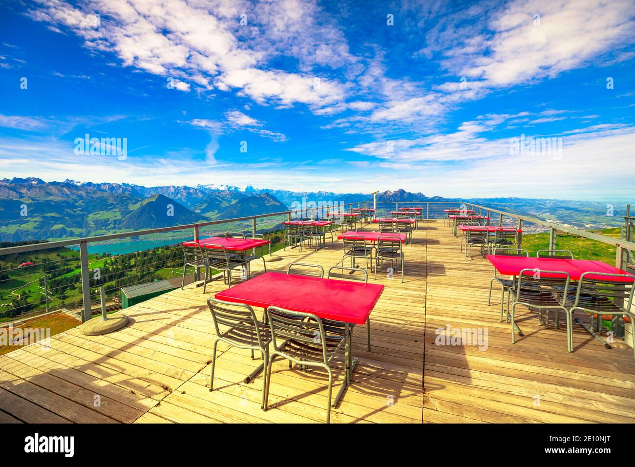Rigi kulm, Switzerland - Aug 25, 2020:panoramic terrace of Rigi Kulm Hotel on top of Mt Rigi, 1800m, overlooking Lucerne and Lakes. Summit top of Stock Photo