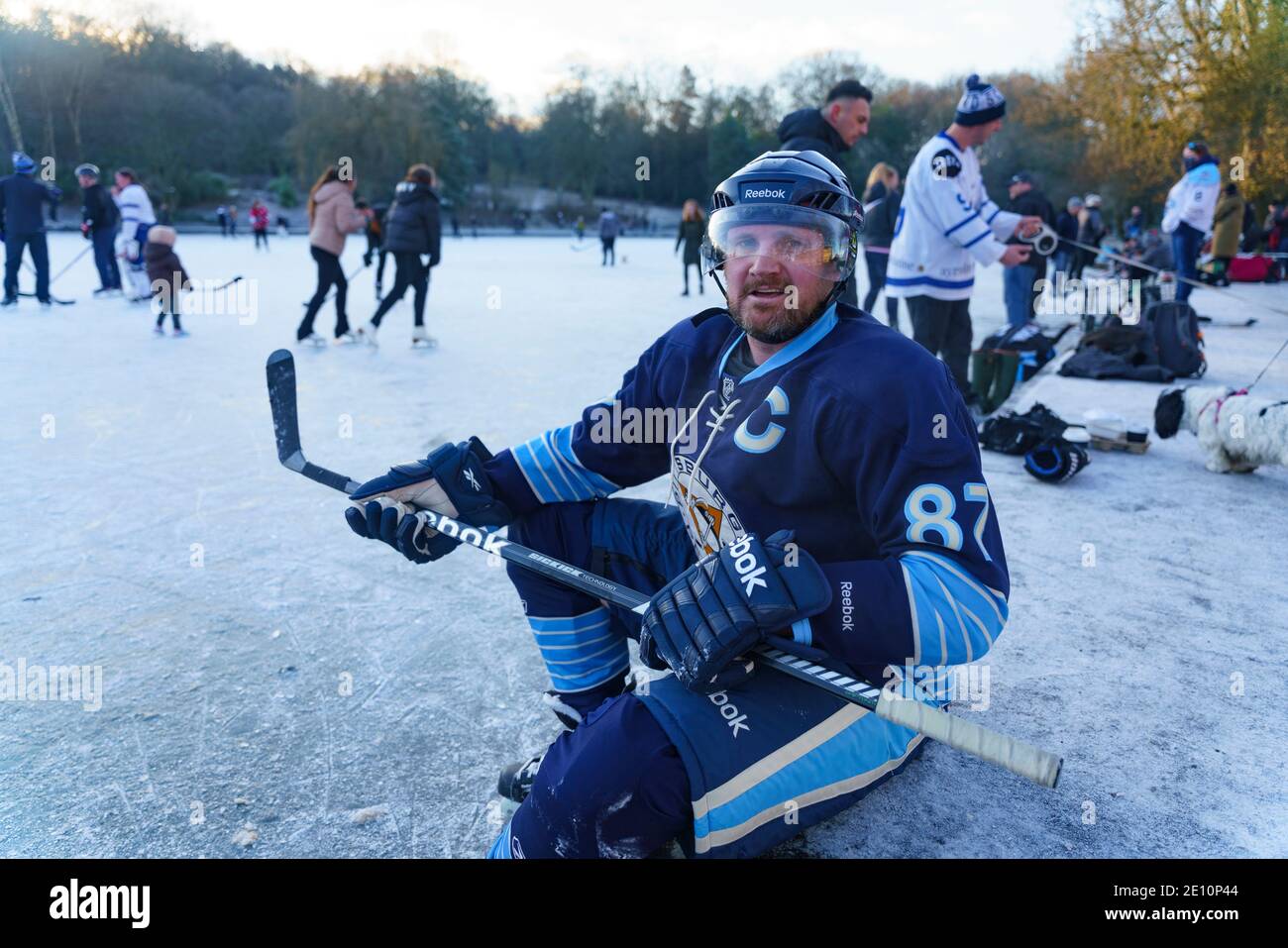 Glasgow, Scotland, UK. 3 January 2021. Keen amateur ice hockey players and a few figure skaters took advantage of freezing temperatures and a rare frozen pond at Queens Park in  Glasgow this morning. Iain Masterton/Alamy Live News Stock Photo
