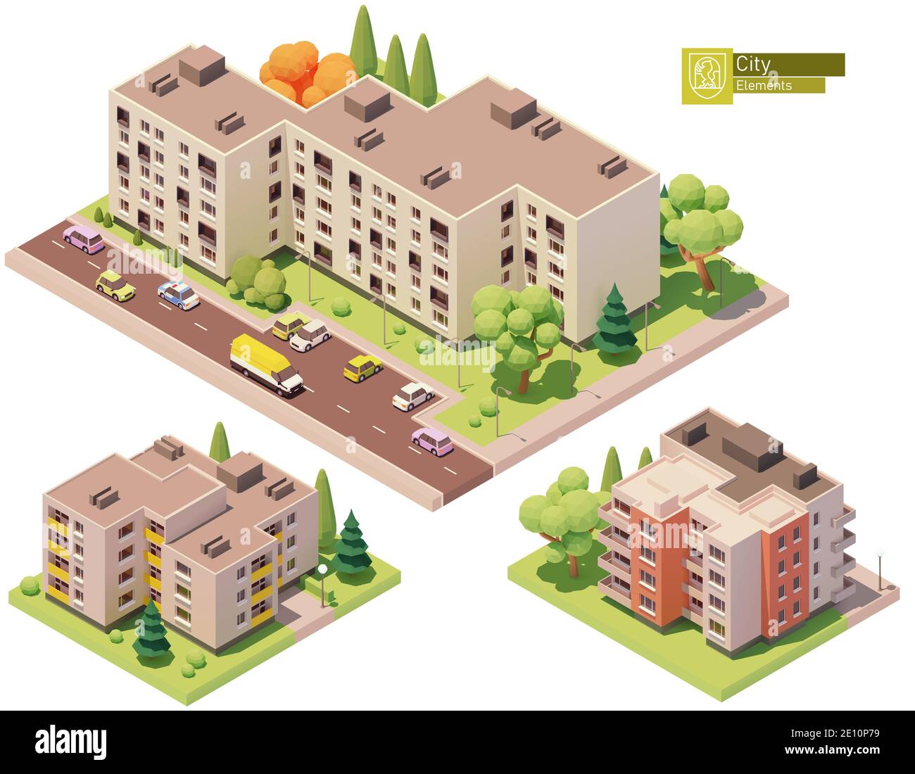 Vector isometric buildings and street elements Stock Vector