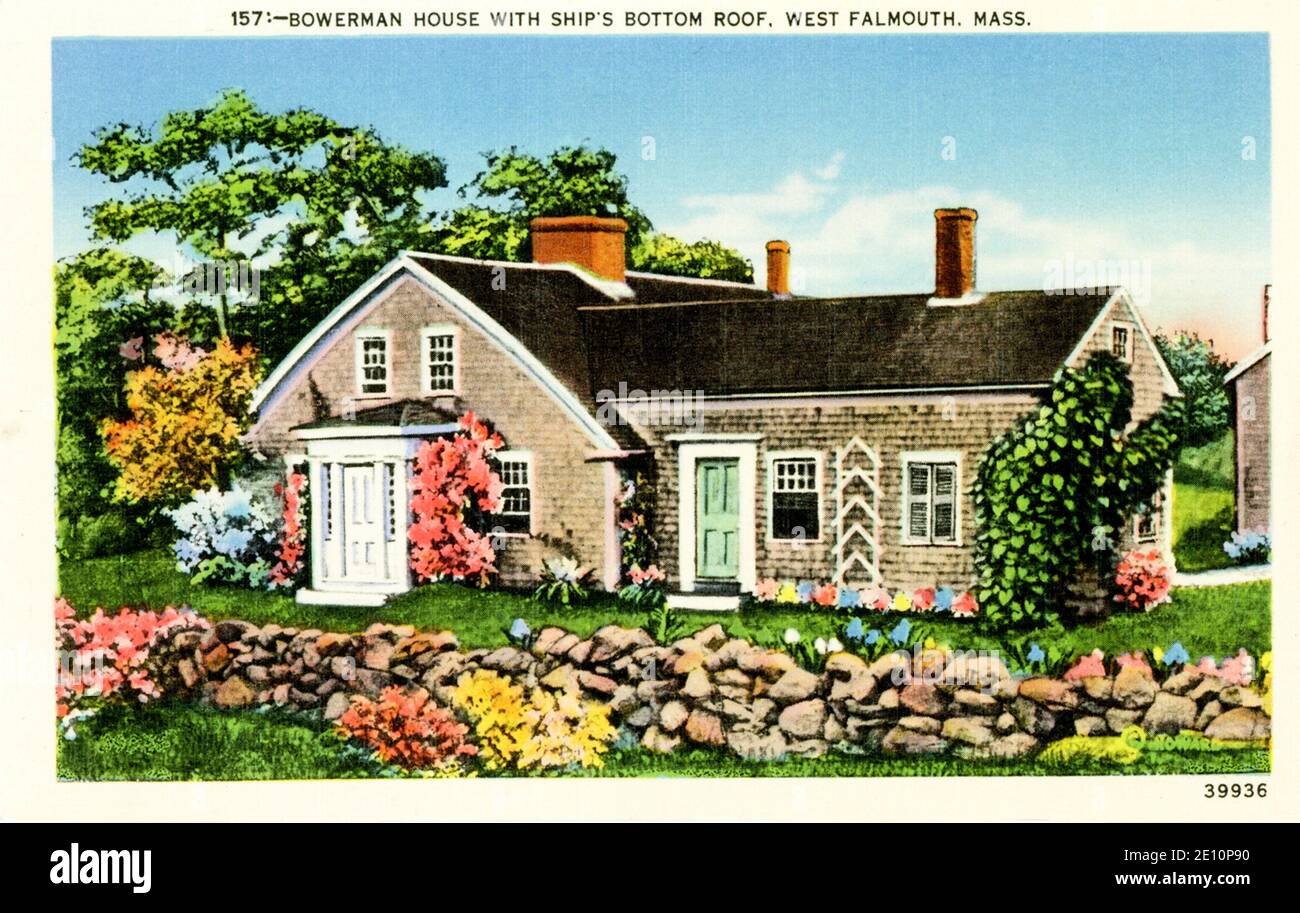 Bowerman House (or Saconesset Homestead) with Ship’s Bottom Roof, West Falmouth, MA Stock Photo