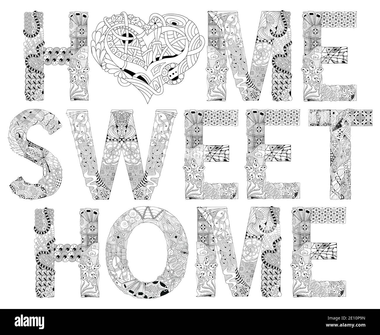 Handpainted art design. Hand drawn illustration word HOME SWEET HOME with heart for coloring