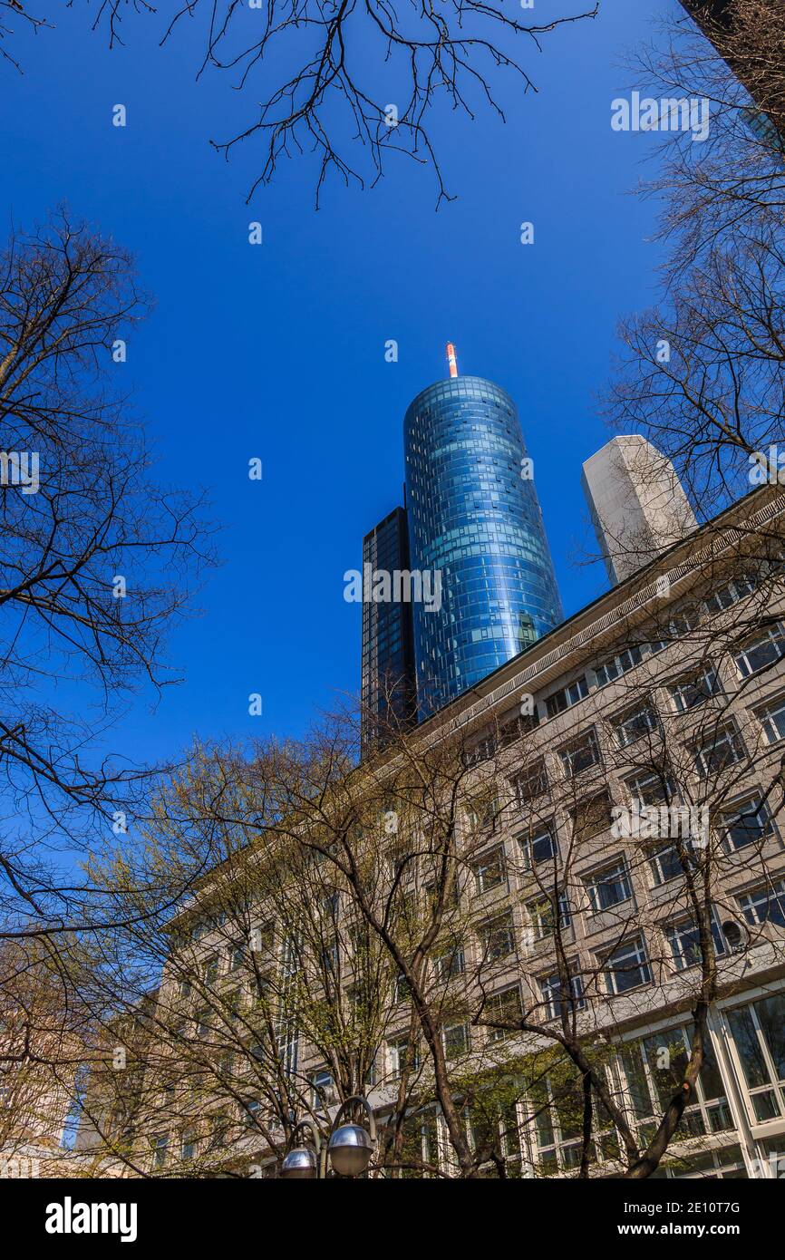 Skyscraper of the Frankfurt skyline. High-rise buildings with glass facade from the financial district in the center of the city. Trees at sunny day w Stock Photo