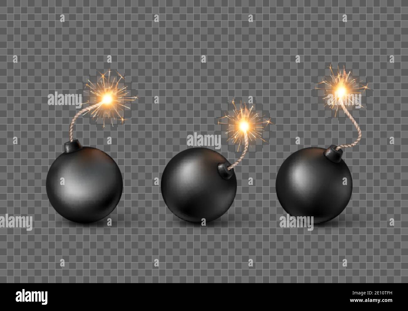 Set of Bombs. Burning fuse black bomb in realistic style. Vector