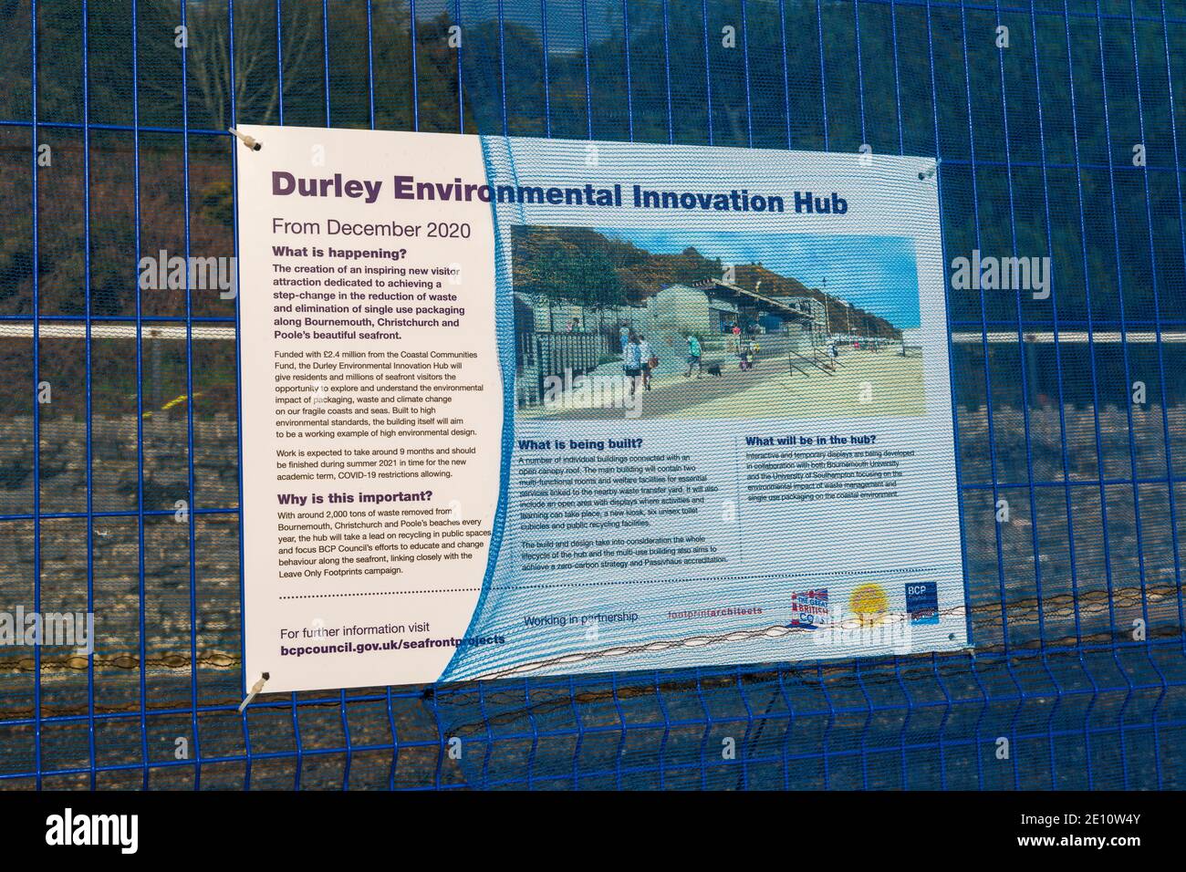 Durley Environmental Innovation Hub information board at Durley Chine, Bournemouth, Dorset UK in December Stock Photo