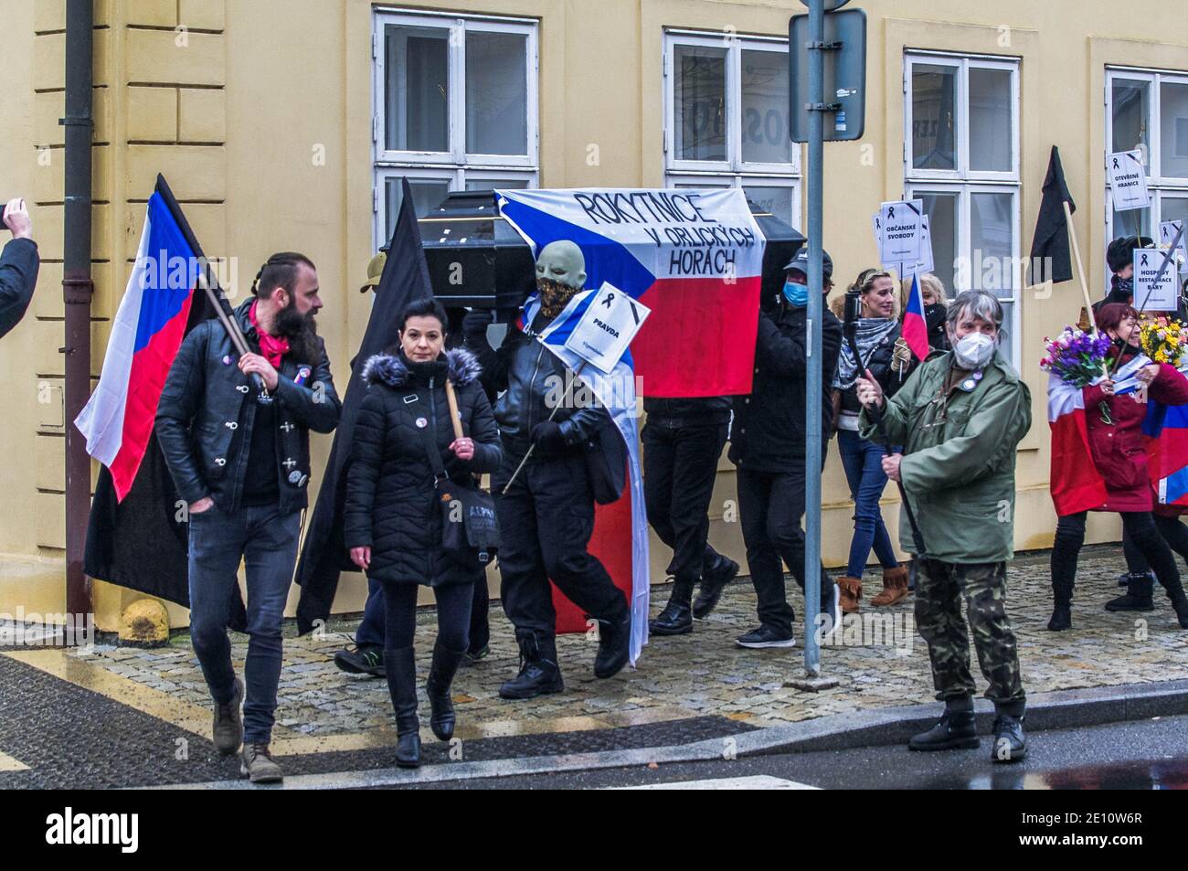 Some 50 people were protesting against the government anti-coronavirus measures outside the house of PM Andrej Babis (ANO) in Pruhonice near Prague to Stock Photo