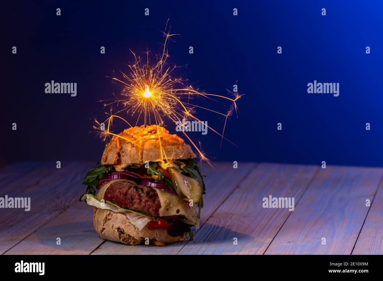 Cheeseburger With Sparkler Stock Photo