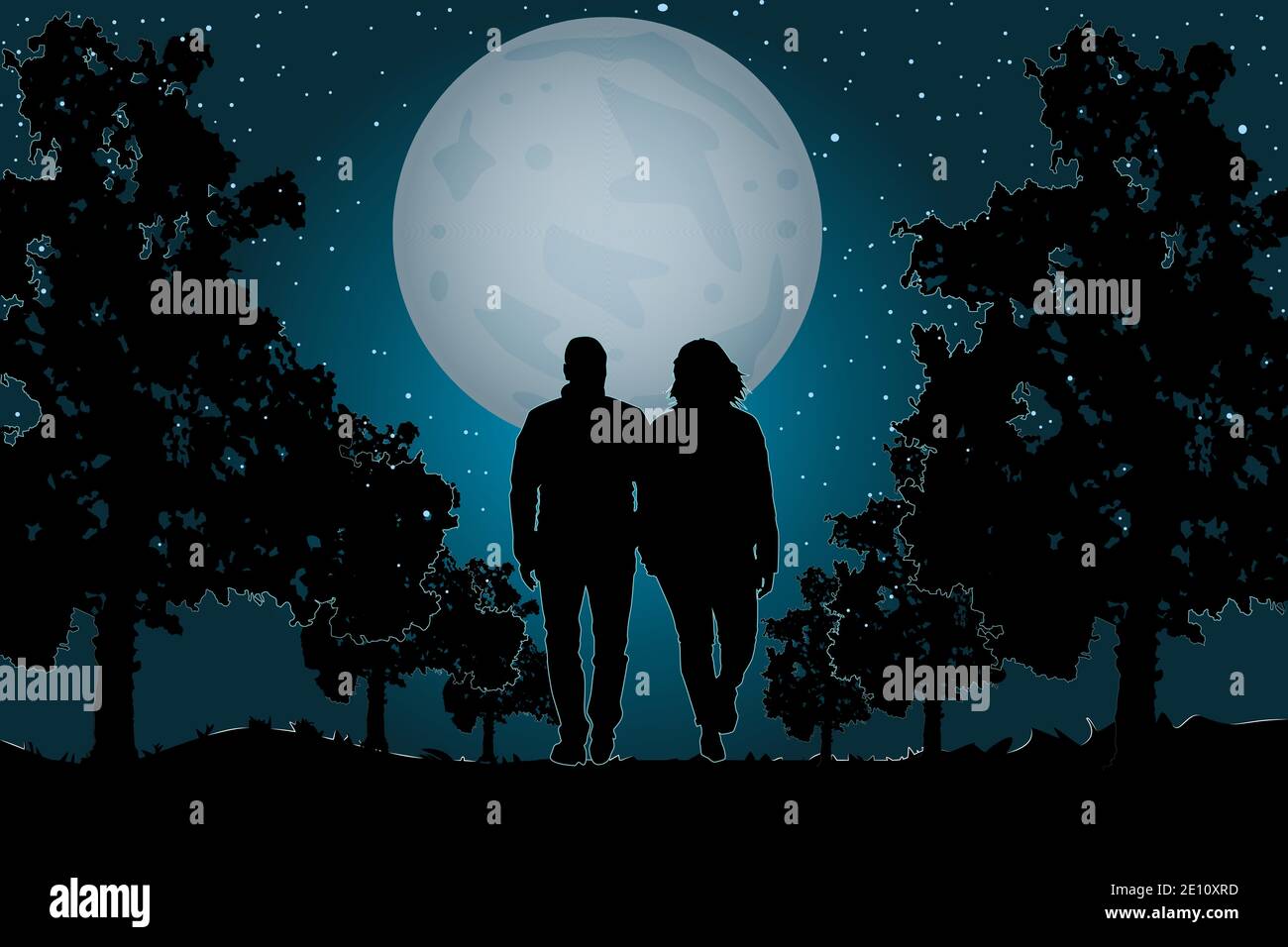 Couple in love walking in the park on the moonlight. Valentine's Day. Happy  Lovers. Romantic silhouette of loving couple in Valentines night. Vector  Stock Vector Image & Art - Alamy