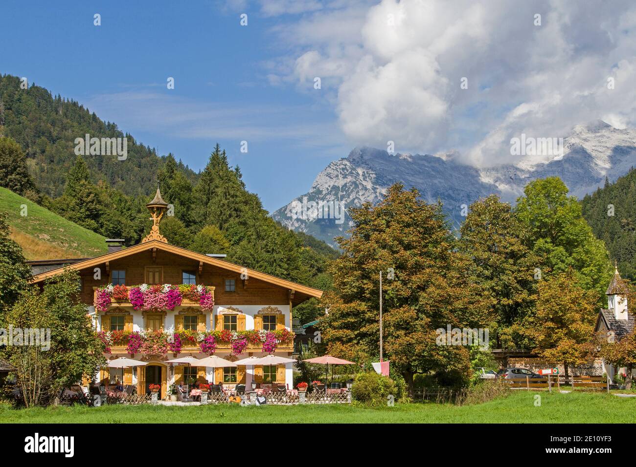 At The End Of Hochfilzen You Will Find This Typical Tyrolean Inn With Traditional Painting Stock Photo