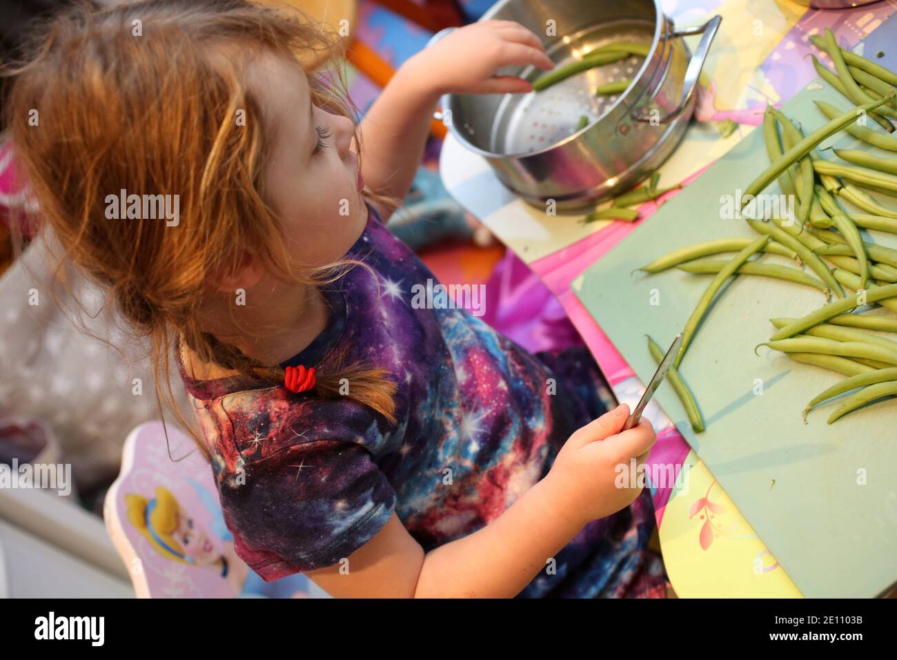 4 year old girl preparing green beans for the family meal, UK Stock Photo