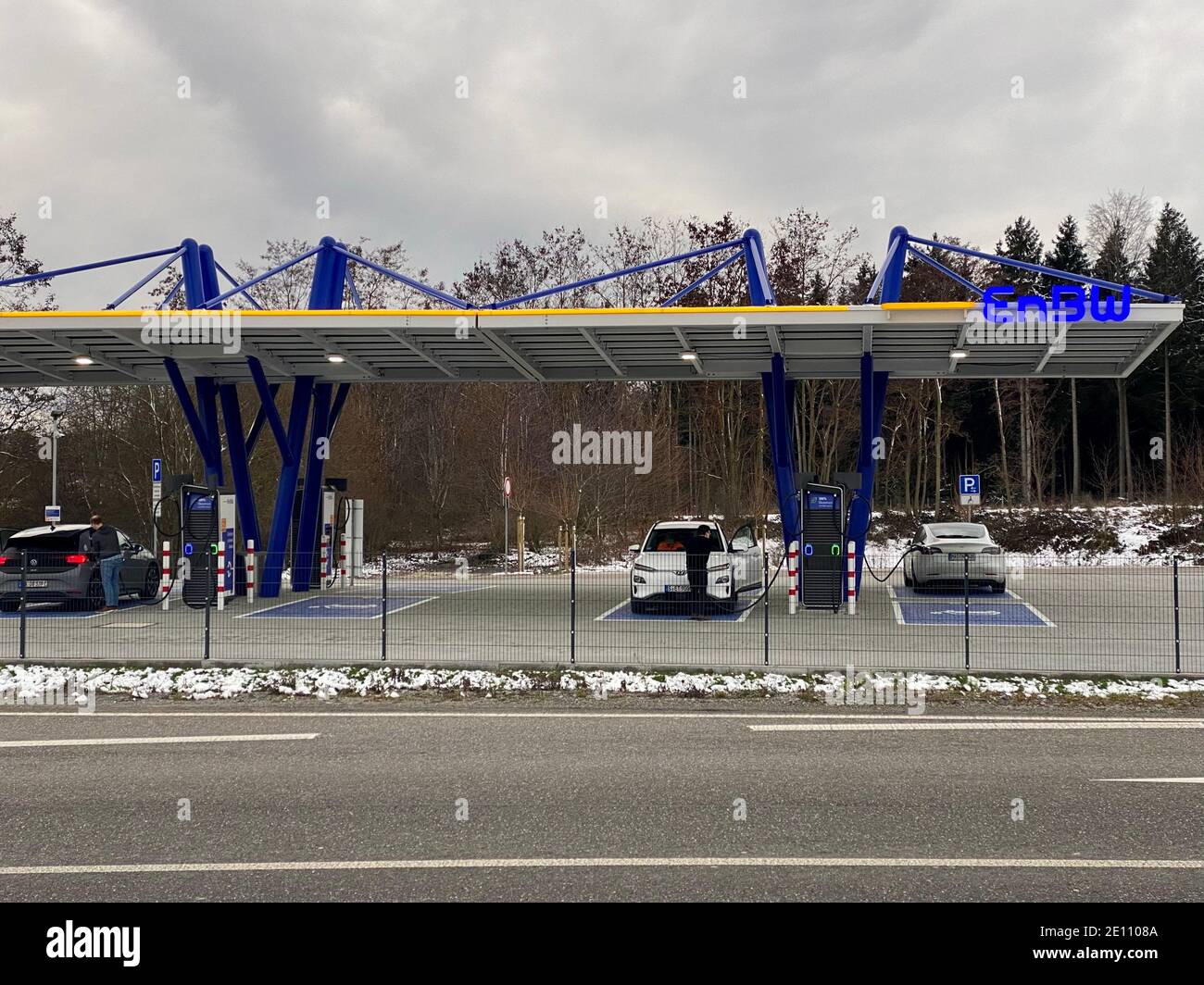 The newly opened electric vehicle charging station operated by EnBW in Rutesheim near Stuttgart at the highway A8. Stock Photo