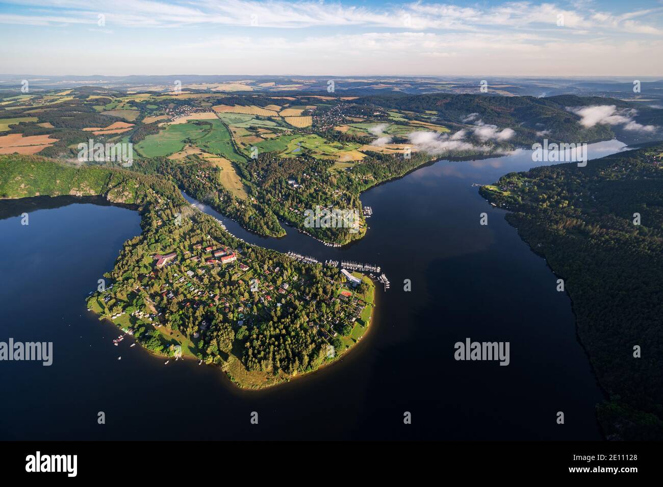 Slapy Dam on the Vltava River near Prague in Czech Republic. Aerial shot. Stock Photo