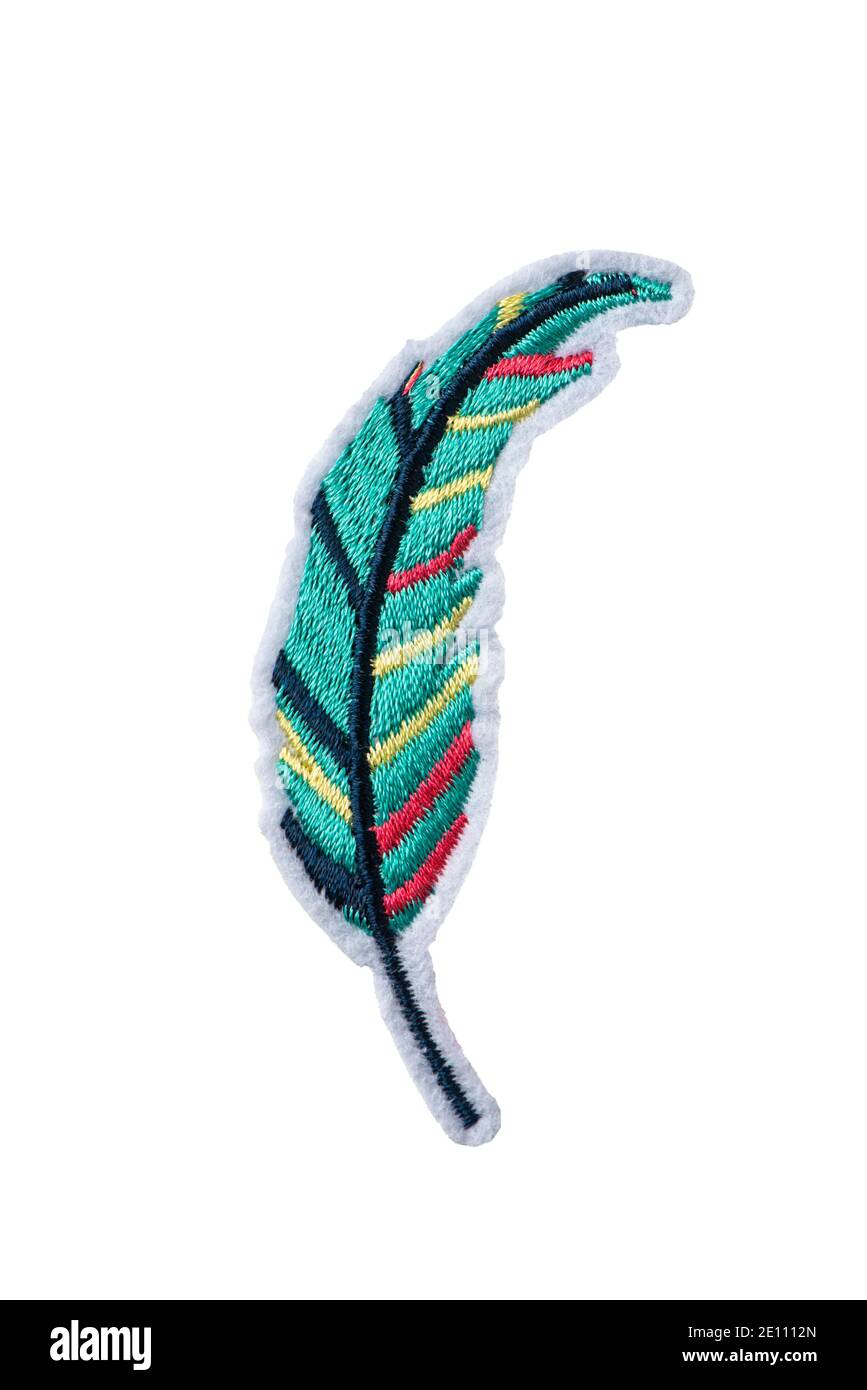 Colorful feather embroidered patch isolated on white background Stock Photo
