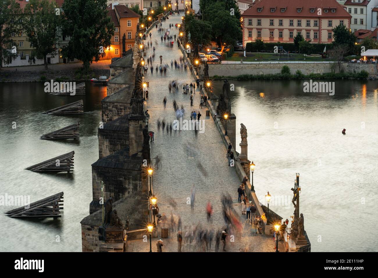 Charles Bridge over the Vltava River in Prague. Prague castle in the background. Photographed from the Old Town Bridge Tower. Stock Photo