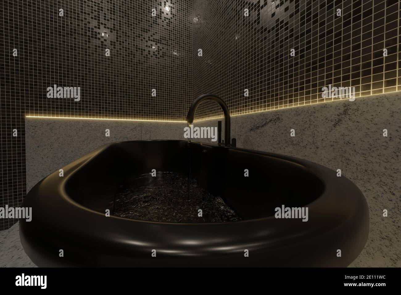 3d rendering of freestanding black bathtub illuminated from yellow led lights Stock Photo