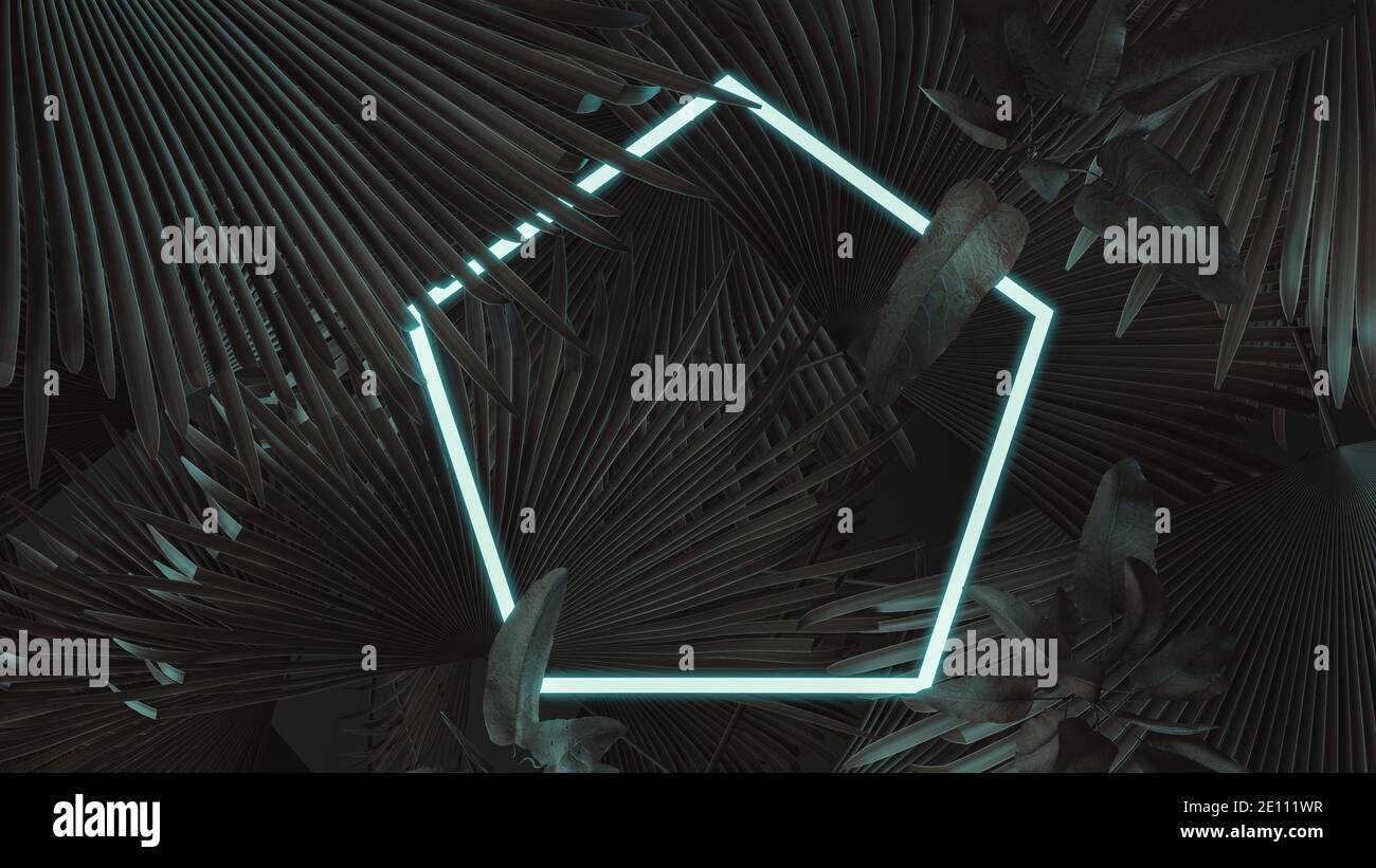 3d rendering of cyan pentagon neon light covered by tropical leaves. Flat lay of minimal nature style concept Stock Photo