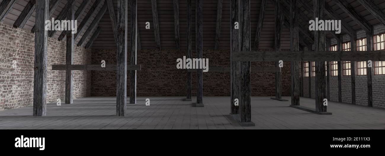 3d rendering of empty attic with a lot of wooden beams Stock Photo - Alamy