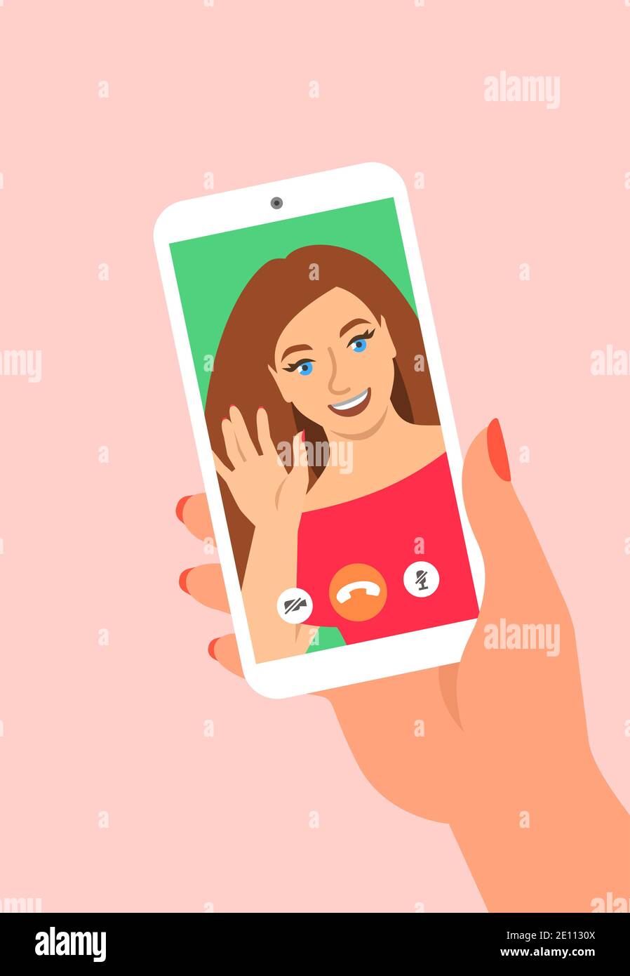 Online video call by smartphone. Young girl says hi to her friend virtually  in mobile social media app. Flat cartoon illustration. Social distance dur  Stock Vector Image & Art - Alamy