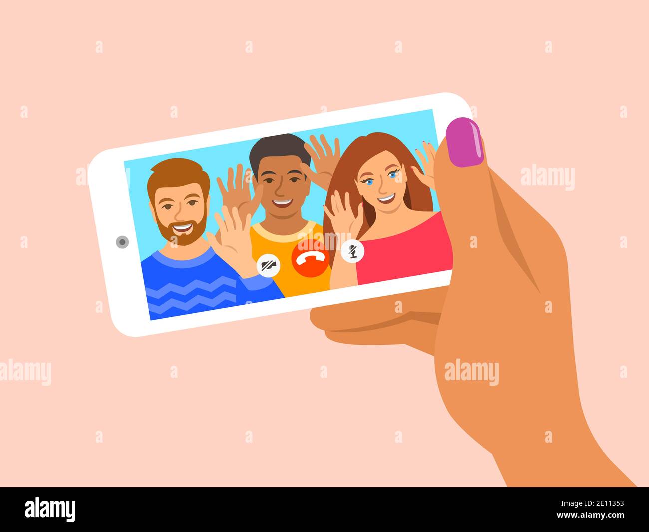 Friends online video call by smartphone. Young people say hi to their  friend virtually in mobile video call app. Flat cartoon illustration.  Social dis Stock Vector Image & Art - Alamy