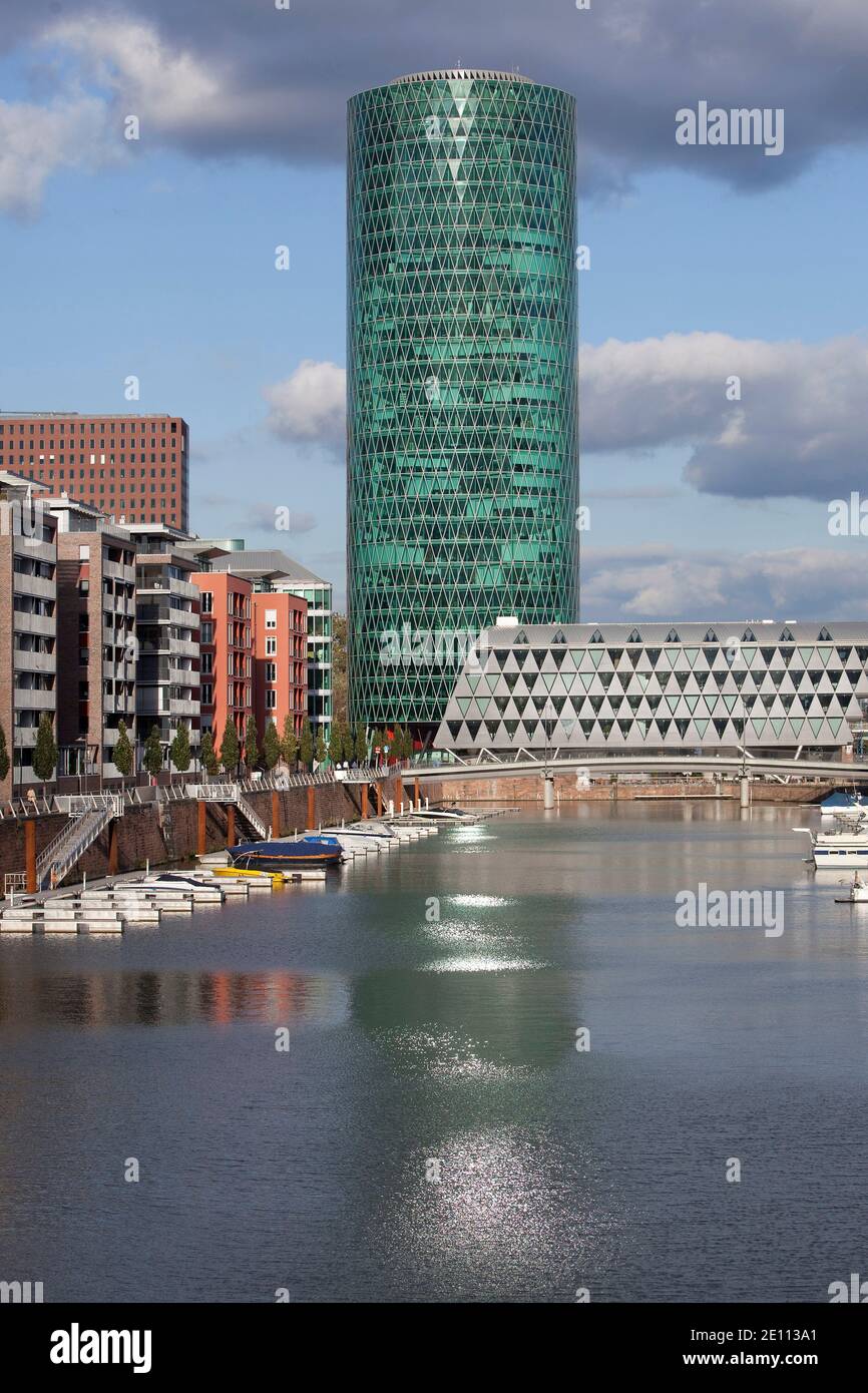 The Westhafen Tower is a high-rise building in the Gutleutviertel district of Frankfurt am Main. Stock Photo