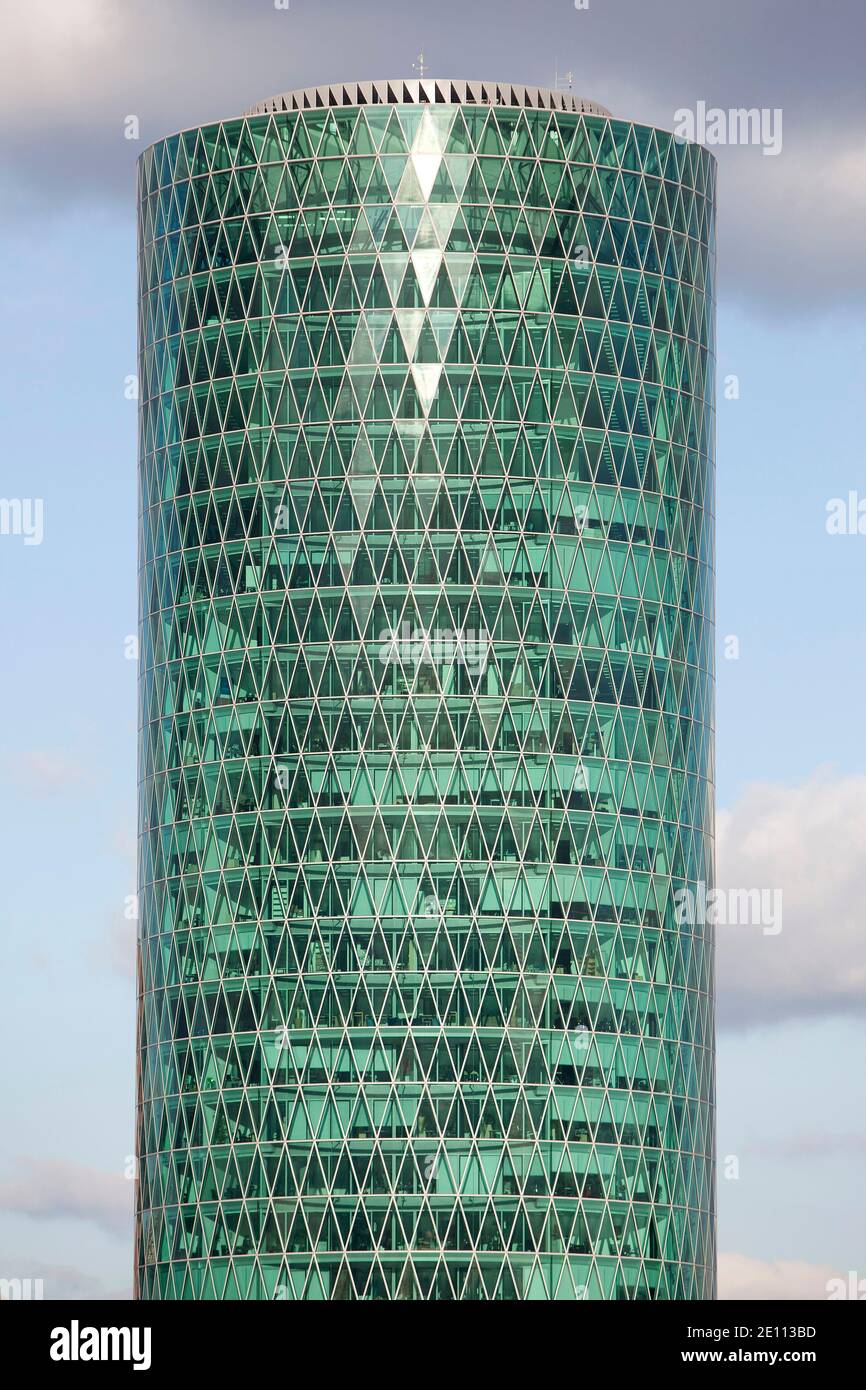 The Westhafen Tower is a high-rise building in the Gutleutviertel district of Frankfurt am Main. Stock Photo