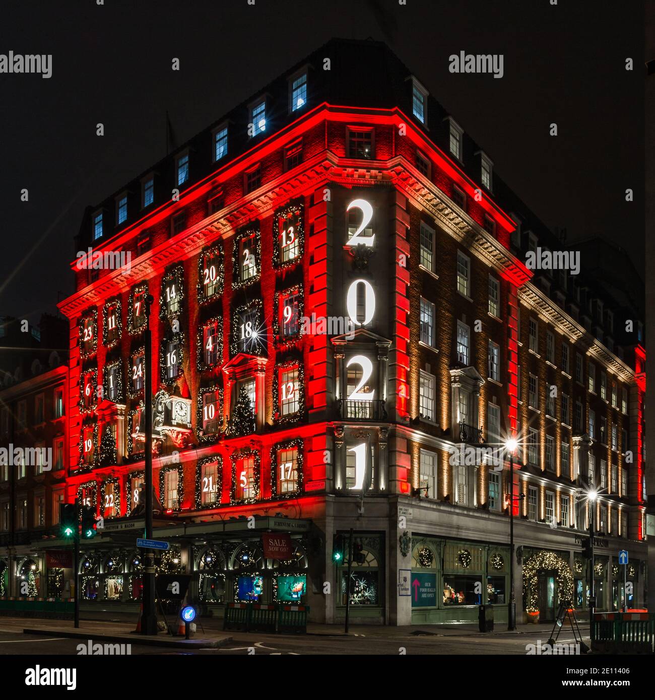 Fortnum & Mason display a large '2021' on the side of the store in Piccadilly, London during the latest lockdown. Stock Photo