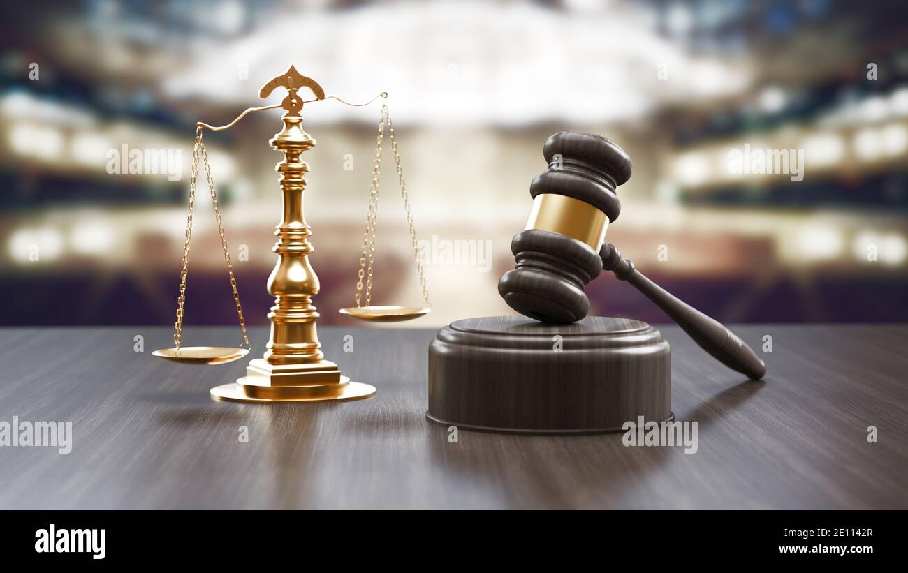 Judges Gavel And Scale Of Justice On The Black Wood Background, Top View. Law Concept. 3d rendering Stock Photo