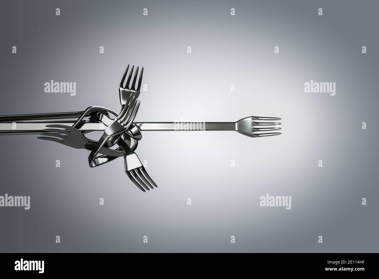 Chaos and disorder in the shape of metal forks turns into a straight metal fork in white-gray background. Psychotherapy. 3d illustration Stock Photo