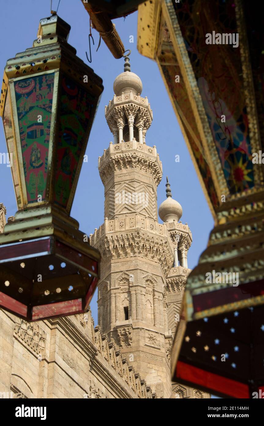 Cairo mosque with Ramadam lamps for sale in the Souk. Stock Photo