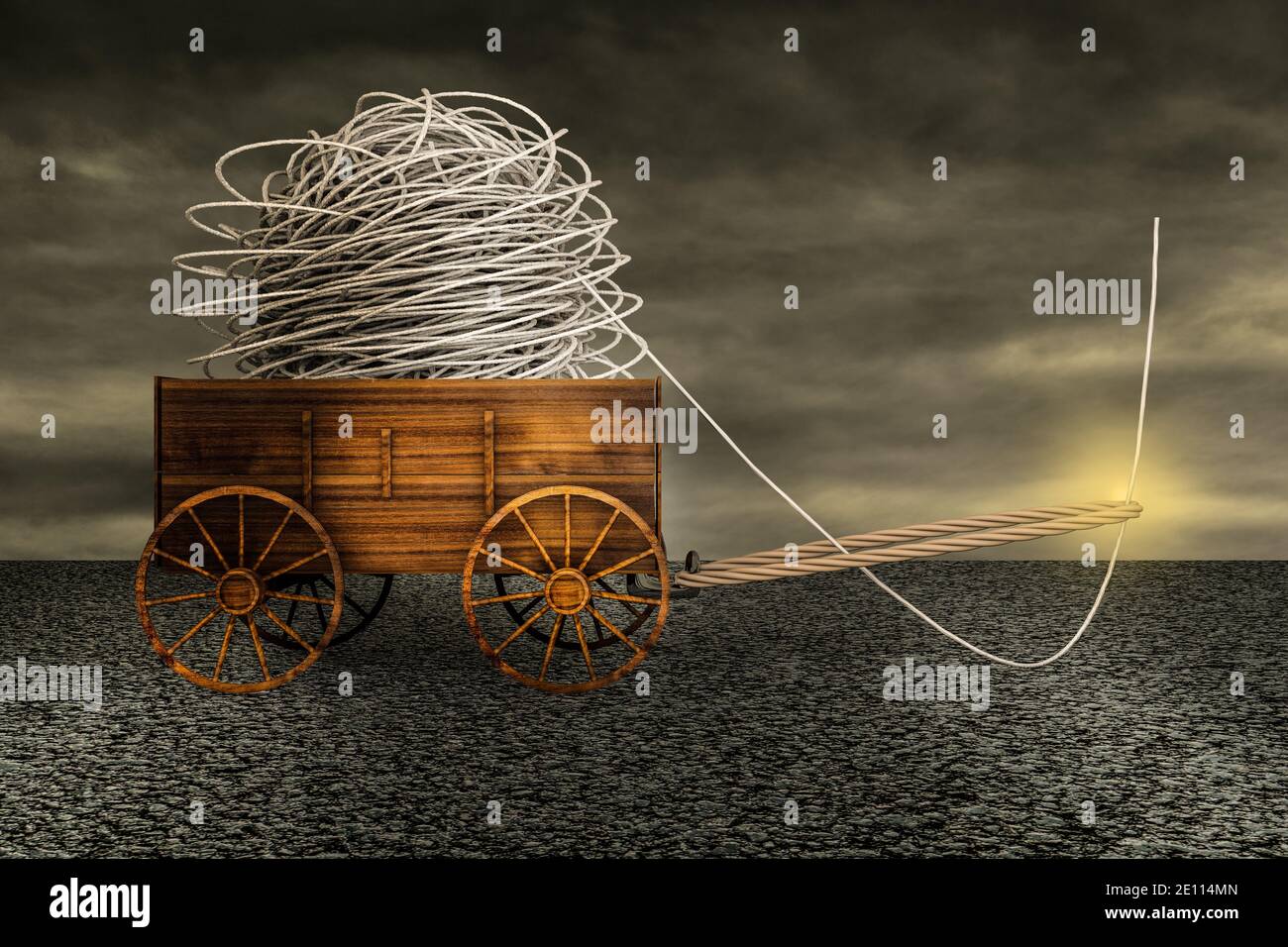 Rope edge dragging a farm cart of a very tangled mess rope on asphalt in a sunset day. Psychotherapy and psychology. 3d illustration Stock Photo